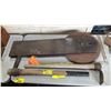 Image 2 : TABLE OF ASSORTED VINTAGE TOOLS: SAW BLADES, ADZES, TROWELS, HAND CRANK DRILL & MORE