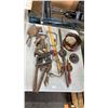 Image 3 : TABLE OF ASSORTED VINTAGE TOOLS: SAW BLADES, ADZES, TROWELS, HAND CRANK DRILL & MORE