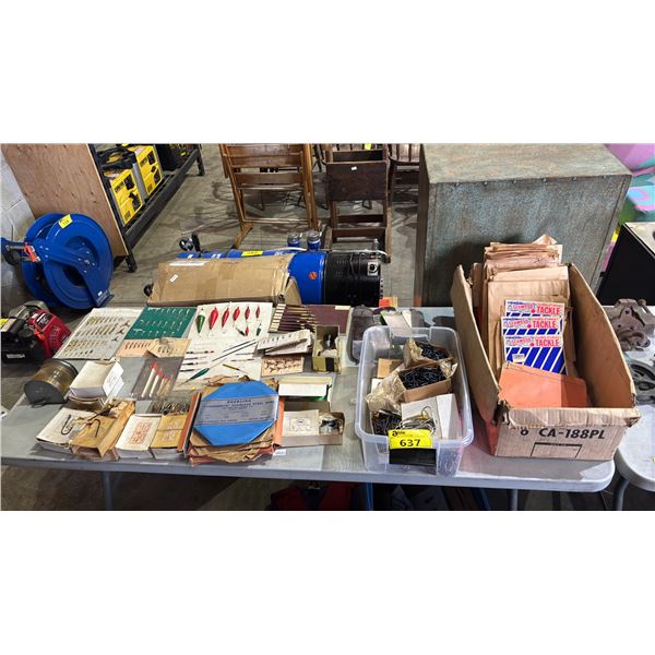 TABLE OF ASSORTED VINTAGE FISHING LURES, FLASHERS, HOOKS, STEEL WIRE & MORE