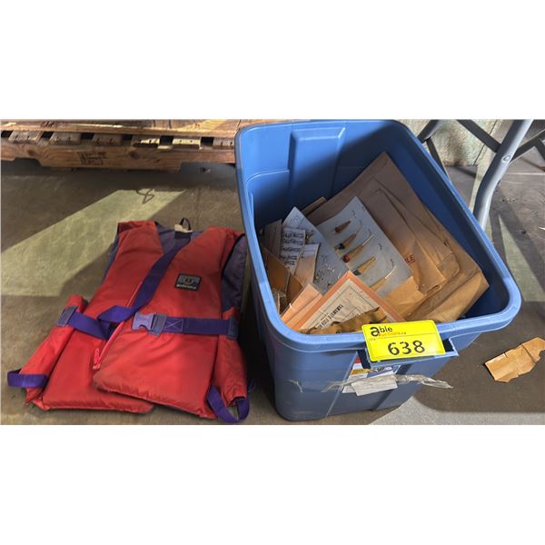 VINTAGE LIFE JACKET & BOX OF ASSORTED VINTAGE FISH FLOATS, SWIVELS, LURES, HOOKS & MORE