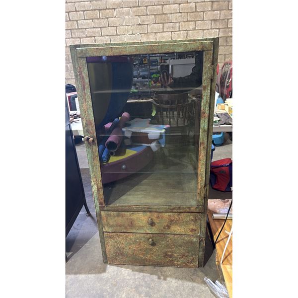 VINTAGE METAL GLASS DOOR/2-DRAWER DISPLAY CABINET: APPROX. 24"W X 18.5"D X 48"T