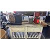 Image 1 : VINTAGE 71"W WOOD WORK TABLE, SMALL VINTAGE BARRELS, VINTAGE BUCKETS & MORE