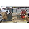 Image 2 : VINTAGE 71"W WOOD WORK TABLE, SMALL VINTAGE BARRELS, VINTAGE BUCKETS & MORE