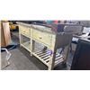 Image 5 : VINTAGE 71"W WOOD WORK TABLE, SMALL VINTAGE BARRELS, VINTAGE BUCKETS & MORE