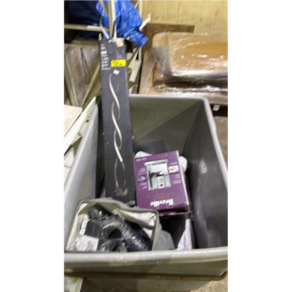 BIN OF ASSORTED ITEMS INCLUDING ARTIKA SWIRL LIGHT AND BREVILLE EXPRESSO MACHINE, RUGS AND MORE