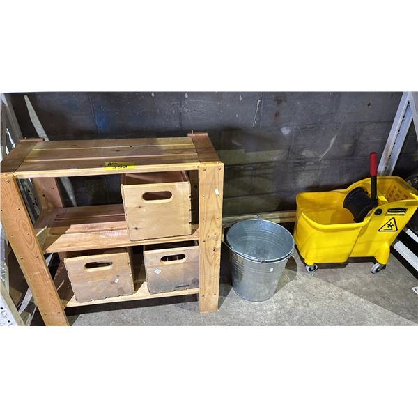 ASSORTED ITEMS INCLUDING WOODEN STAND WITH CRATES, MOP BUCKET AND 2 ALUMINIUM BUCKETS