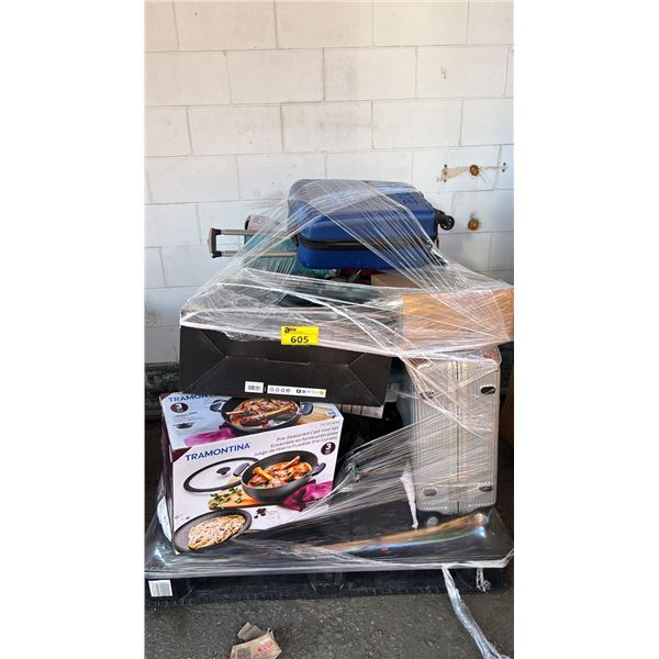 PALLET OF ASSORTED ITEMS INCLUDING TRAMONTIA CAST IRON SET, COLEMAN TENT, LUGGAGE BAG AND MORE