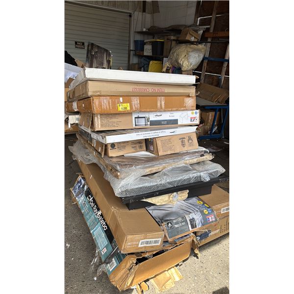 PALLETS OF ASSORTED ITEMS INCLUDING TV STAND, TABLESDEL RAY GAZEBO, NIGHT STAND AND MORE