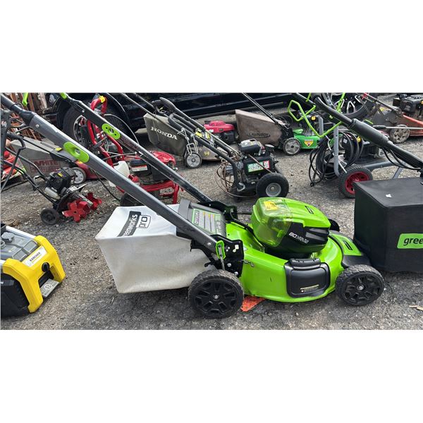 GREENWORKS PRO 80V 21" CORDLESS LAWN MOWER W/GRASS CATCHER BAG *NO BATTERIES/NO CHARGER/WORKING