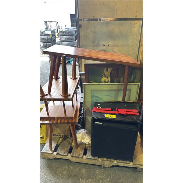 PALLET OF ASSORTED FURNITURE, WALL ART, SPEAKERS & MORE *MUST TAKE ALL ON PALLET*