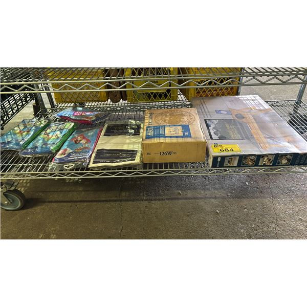 SHELF OF INFLATABLE POOL MATTRESSES, TABLECLOTH, READY-TO-ASSEMBLE STOOL & BAMBOO LAP TRAY