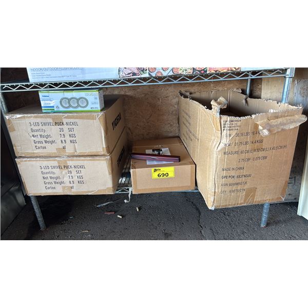2 CASES OF 3-LED SWIVEL PUCK LIGHTS AND A BOX OF WOODEN PLANTS HANGERS