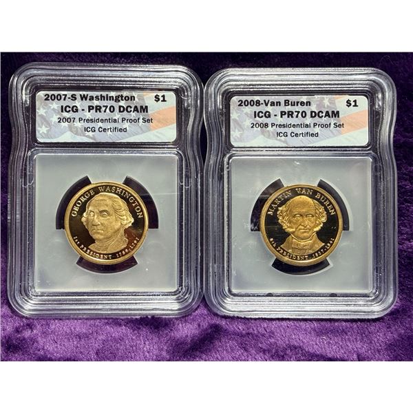PRESIDENTIAL PROOF SET COINS - 2007S WASHINGTON AND 2008 VAN BUREN - BOTH PR70DCAM; LOT OF 2