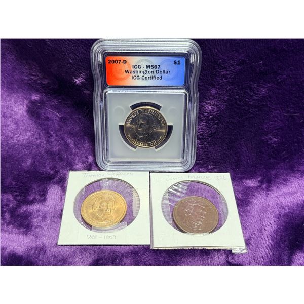 PRESIDENTIAL COIN SET COINS - 2007D WASHINGTON - MS67; AND MONRO AND JEFFERSON; LOT OF 3