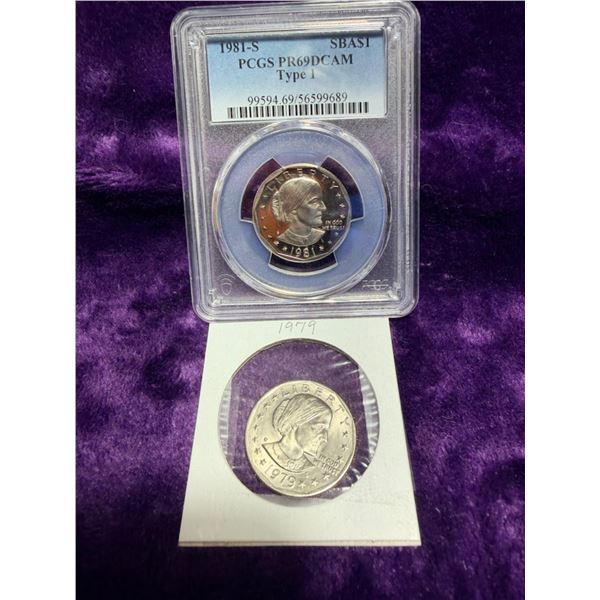 SUSAN B. ANTHONY DOLLAR - 1981S TYPE 1- PR69DCAM AND SUSAN B. ANTHONY - 1979D; LOT OF 2