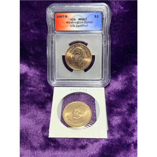 PRESIDENTIAL COIN SET COINS - 2007D WASHINGTON - MS67; AND HARDING; LOT OF 2