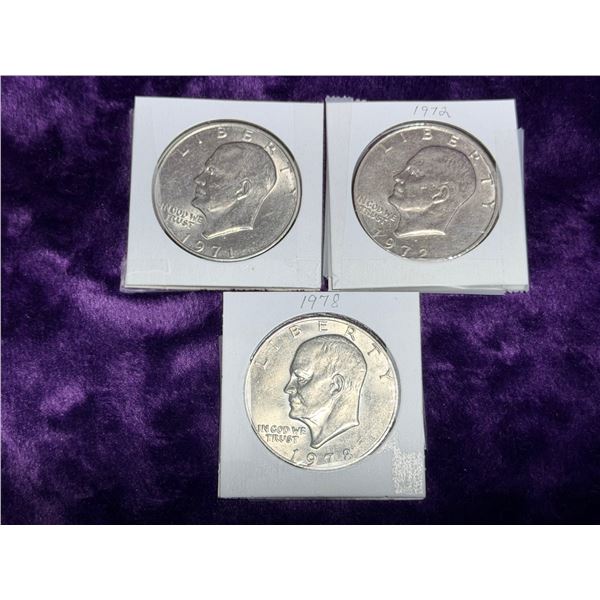 EISENHOWER DOLLARS - 1971D, 1972D, 1978; LOT OF 3