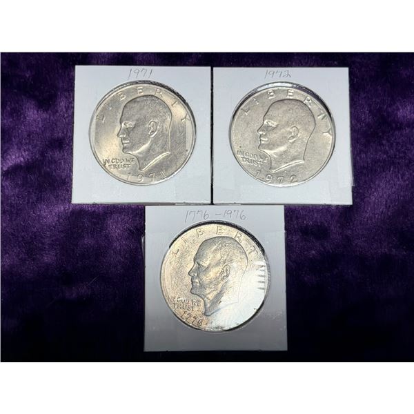 EISENHOWER DOLLARS - 1971, 1972D, 1776-1976 BICENTENIAL; LOT OF 3