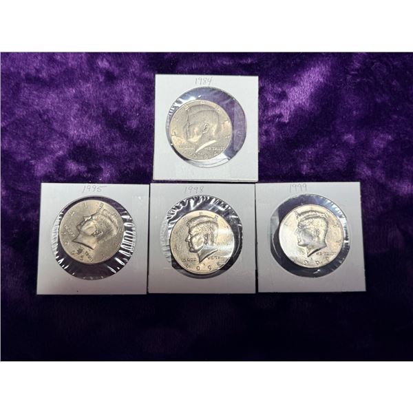 KENNEDY HALF DOLLARS - 1984D, 1995D, 1998D, 1999D; LOT OF 4
