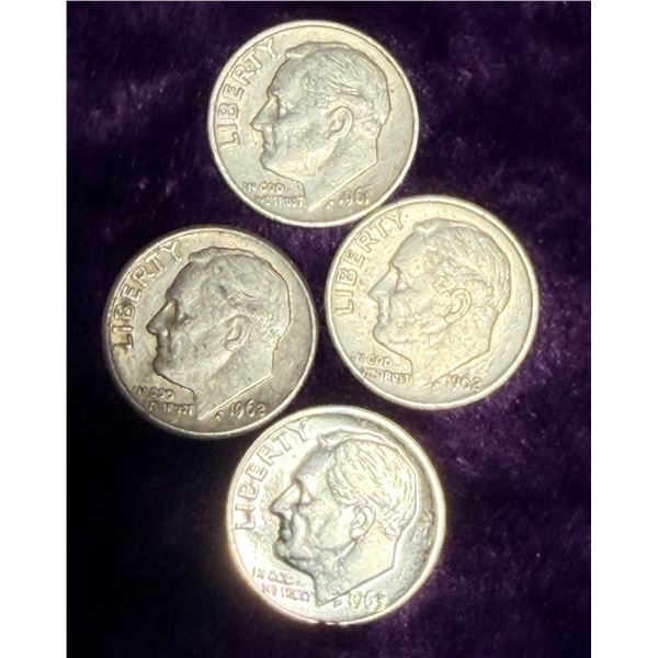 ROOSEVELT SILVER DIMES - 1961, 1962D (X2), 1963D; LOT OF 4