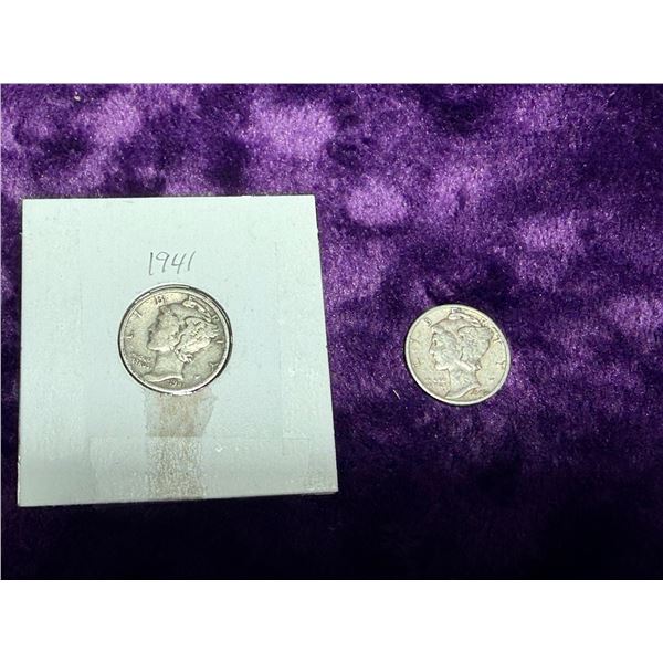 MERCURY SILVER DIMES - 1941S, 1945; LOT OF 2