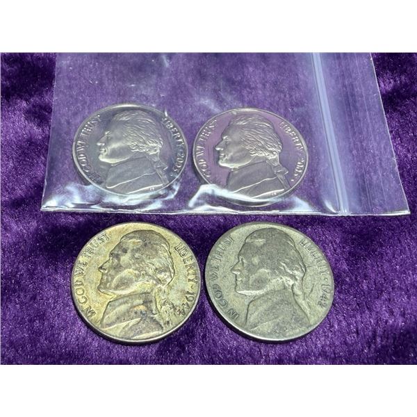 JEFFERSON NICKELS - WAR NICKELS 1942S, 1944P AND 2003S (X2); LOT OF 4