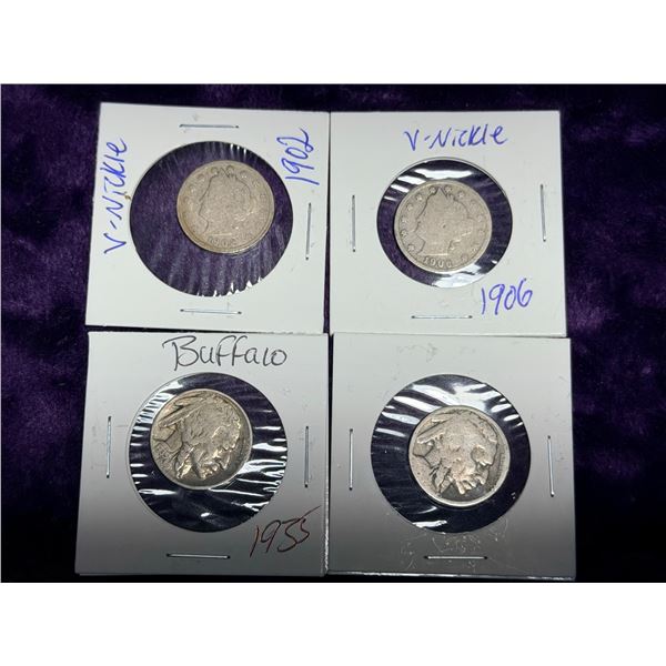 BARBER NICKELS - 1902, 1906; BUFFALO NICKELS 1935, ?; LOT OF 4