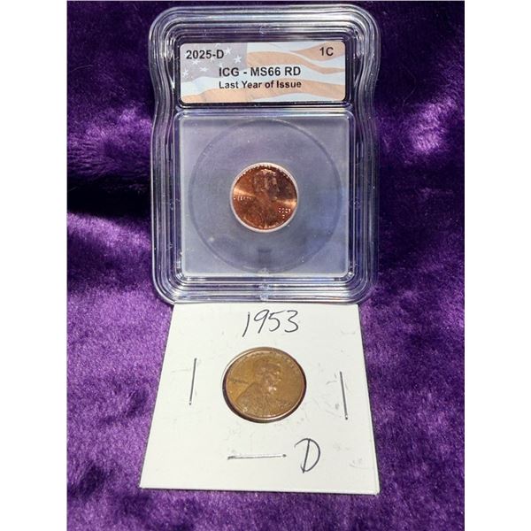 LINCOLN PENNY 2025D - MS66RD - LAST YEAR OF ISSUE AND 1953D PENNY; LOT OF 2