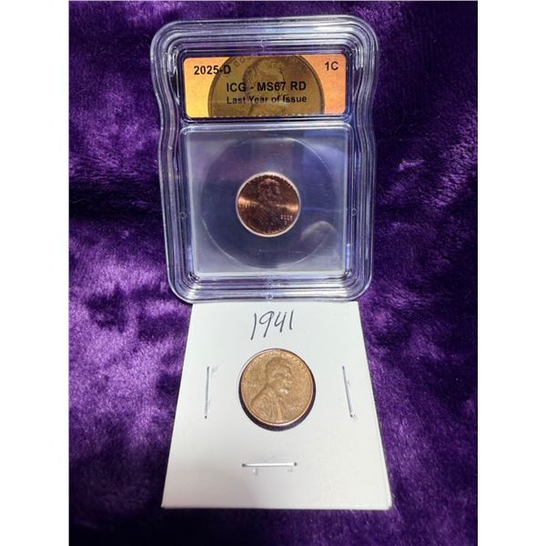 LINCOLN PENNY 2025D - MS66RD - LAST YEAR OF ISSUE AND 1941 PENNY; LOT OF 2