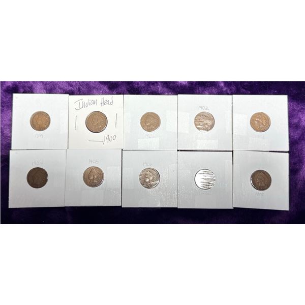 INDIAN HEAD CENTS - 1889, 1900, 1901, 1902, 1903, 1904, 1905, 1906, 1907, 1908; LOT OF 10