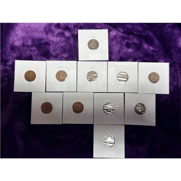 INDIAN HEAD CENTS - 1889, 1990, 1892 (X2), 1896, 1897, 1901, 1902, 1903 (X2), 1906; LOT OF 11