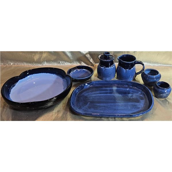 Handcrafted Stoneware Pottery Set in Cobalt Blue Glaze, Signed