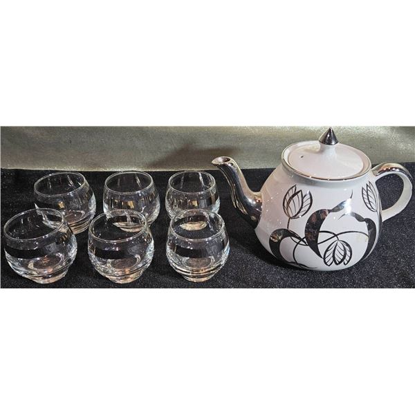 Gibsons Staffordshire Teapot with Silver Accents, Six Glass Tea Cups, and Glass Tray