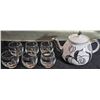 Image 1 : Gibsons Staffordshire Teapot with Silver Accents, Six Glass Tea Cups, and Glass Tray