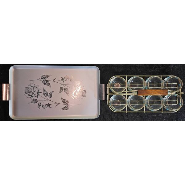 Silhouette Serving Tray with Rose Design and Mid-Century Glasses in Gold-Tone Carrier