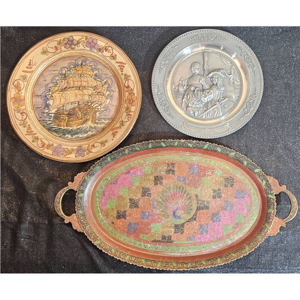Decorative Plates and Tray: Silver Plate, Peacock Tray, and Ceramic Ship Plate