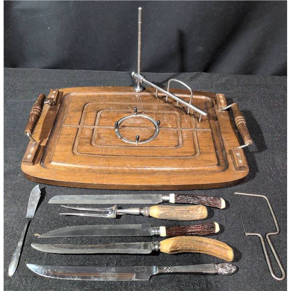 Carving Set With Wooden Board and Antler Handles