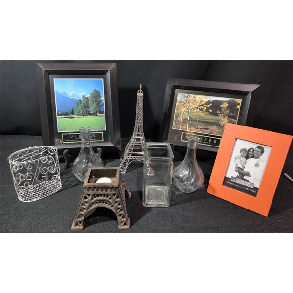 Decorative Frames, Glassware, and Eiffel Tower Figurines