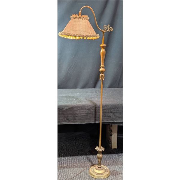 Adjustable Brass Floor Lamp With Ornate Shade and Tested Functionality