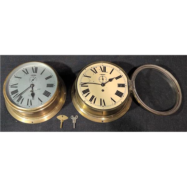 Brass Ships Clocks with Keys, Each Measuring 8.5 Inches in Diameter