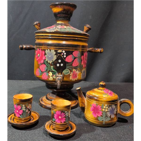 Hand-Painted Wooden Tea Set Featuring Samovar, Teapot, and Cups