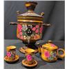 Image 1 : Hand-Painted Wooden Tea Set Featuring Samovar, Teapot, and Cups