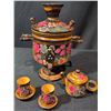 Image 2 : Hand-Painted Wooden Tea Set Featuring Samovar, Teapot, and Cups