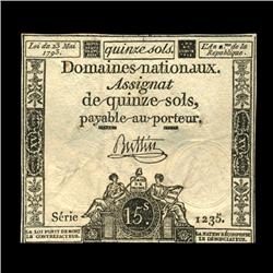 1793 France RARE 15 Sols Assignat Currency AU+ (CUR-05879)