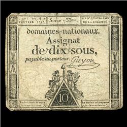 1792 France RARE 10 Sols Assignat Currency Hi Grade (CUR-05875)