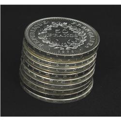 1974-79 France Silver 50 Francs Unsearched Stack of 10 Mostly BU 8.7 Ounces Silver! (COI-5236)