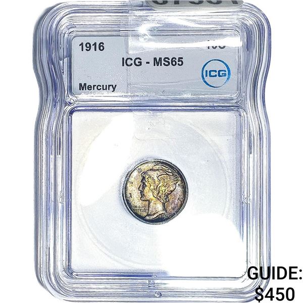 1916 Mercury Silver Dime ICG MS65