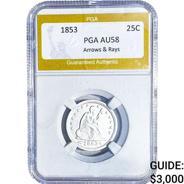 1853 Seated Liberty Quarter PGA AU58 Arrows & Rays