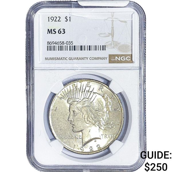 1922 Silver Peace Dollar NGC MS63