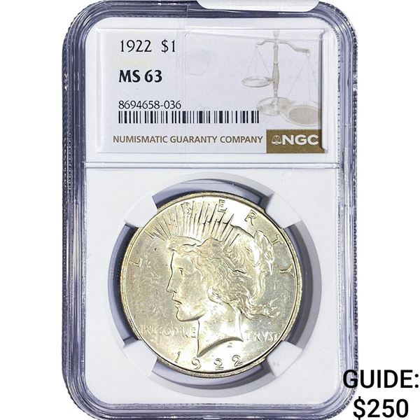 1922 Silver Peace Dollar NGC MS63